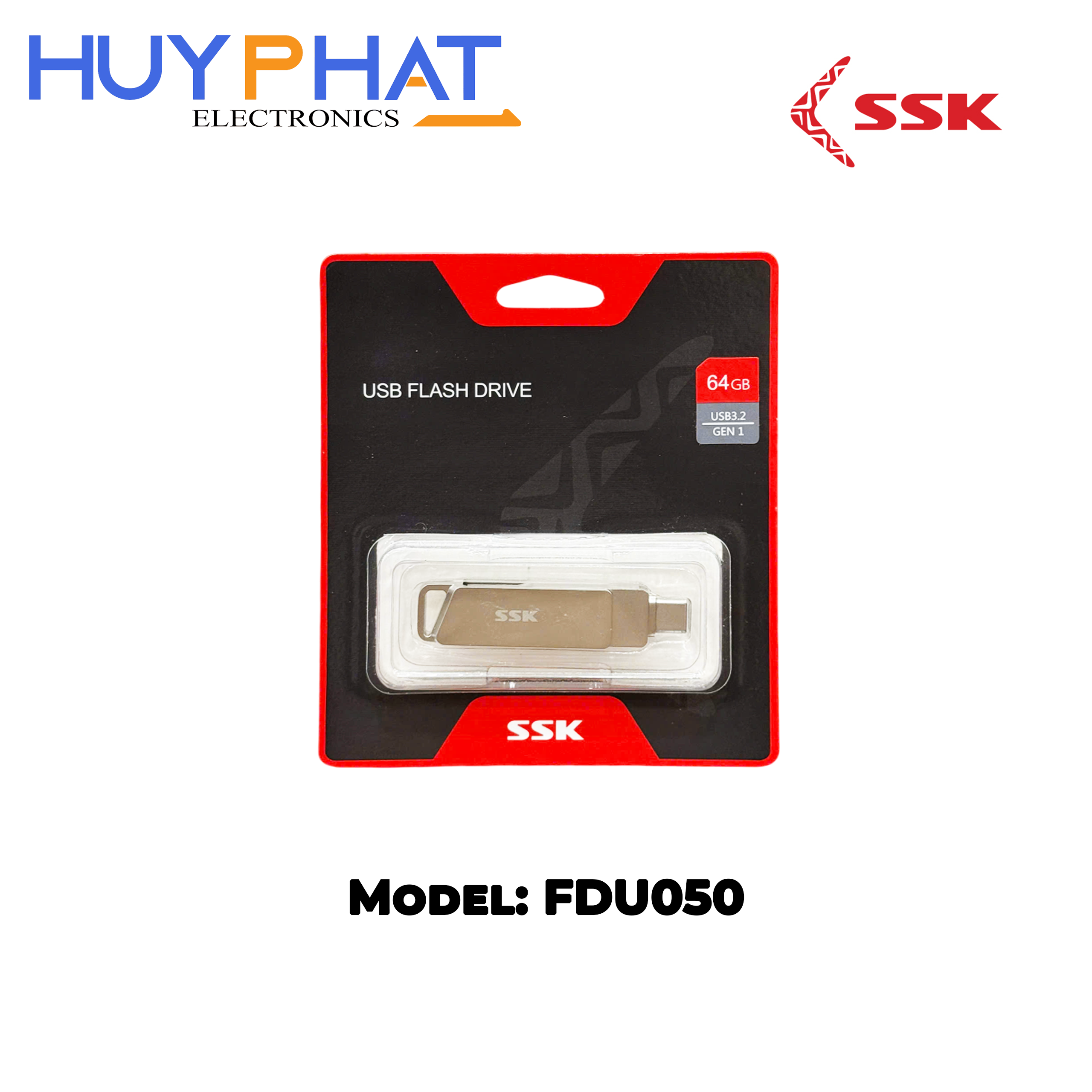 USB Flash Drive 2 đầu TypeC/USB3.2 64G SSK FDU050