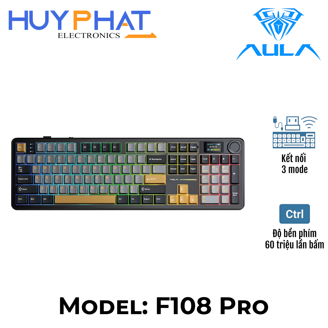 Bàn phím cơ gaming 3 chế độ BT/2.4G/USB AULA F108 Pro