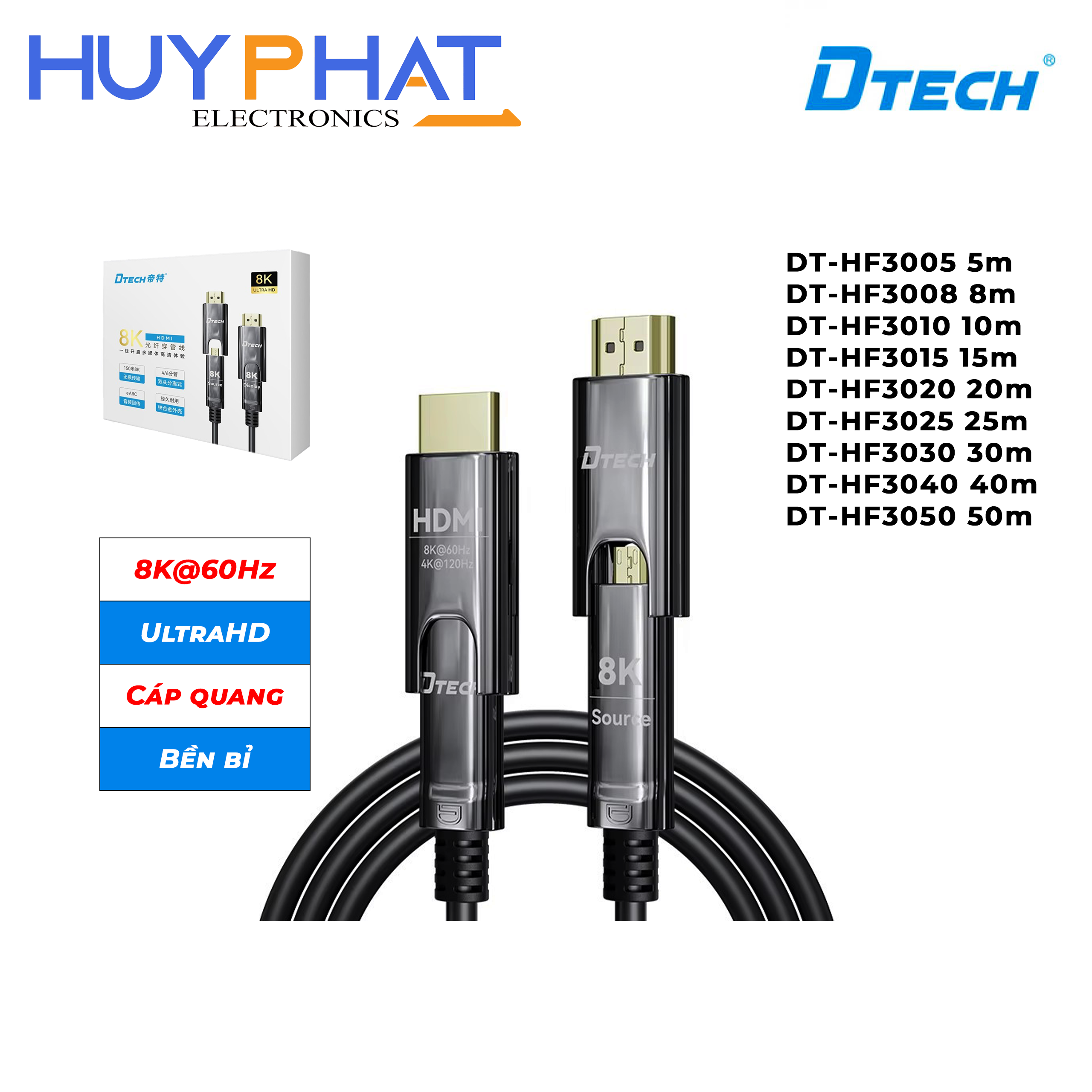 Cáp quang 2.1 HDMI/MicroHDMI 8K@60Hz 48Gbps D-A DTECH DT-HF3005