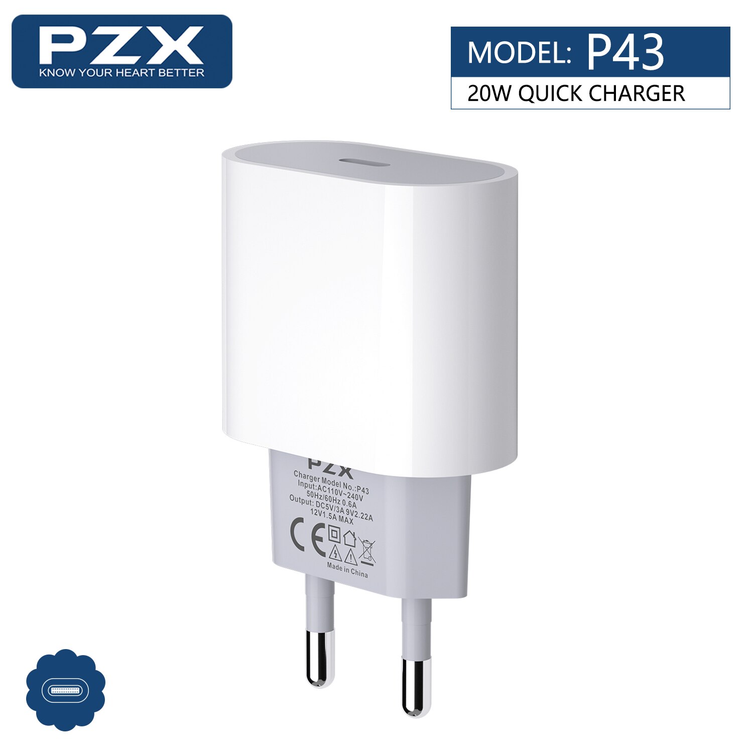 Cục sạc Type-C 20W+Cáp Type-C->Type-C White P43 PZX