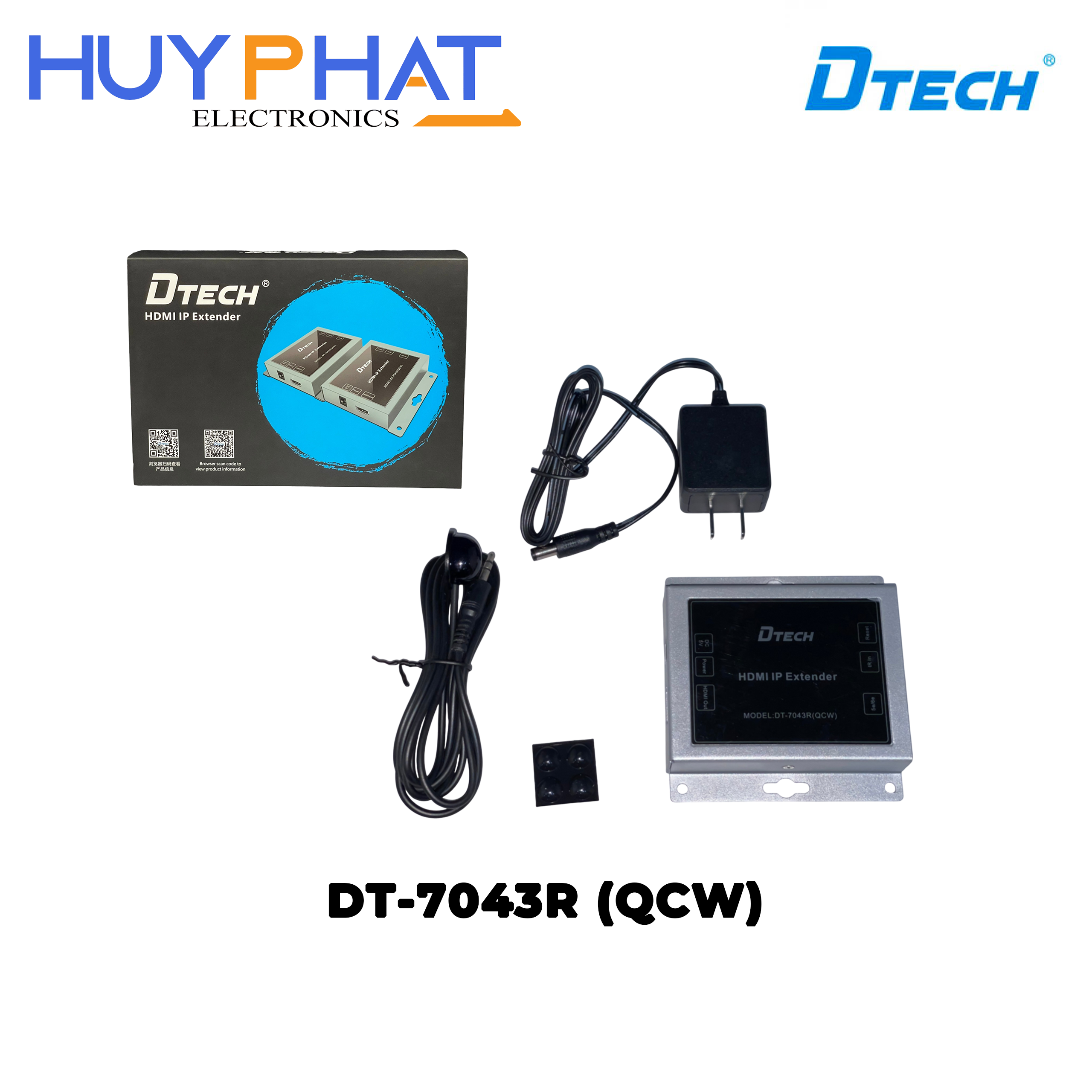 Hộp nối dài HDMI+IR->LAN Cat 5e/6e 150m + Cáp IR + Nguồn DTECH DT-7043R QCW