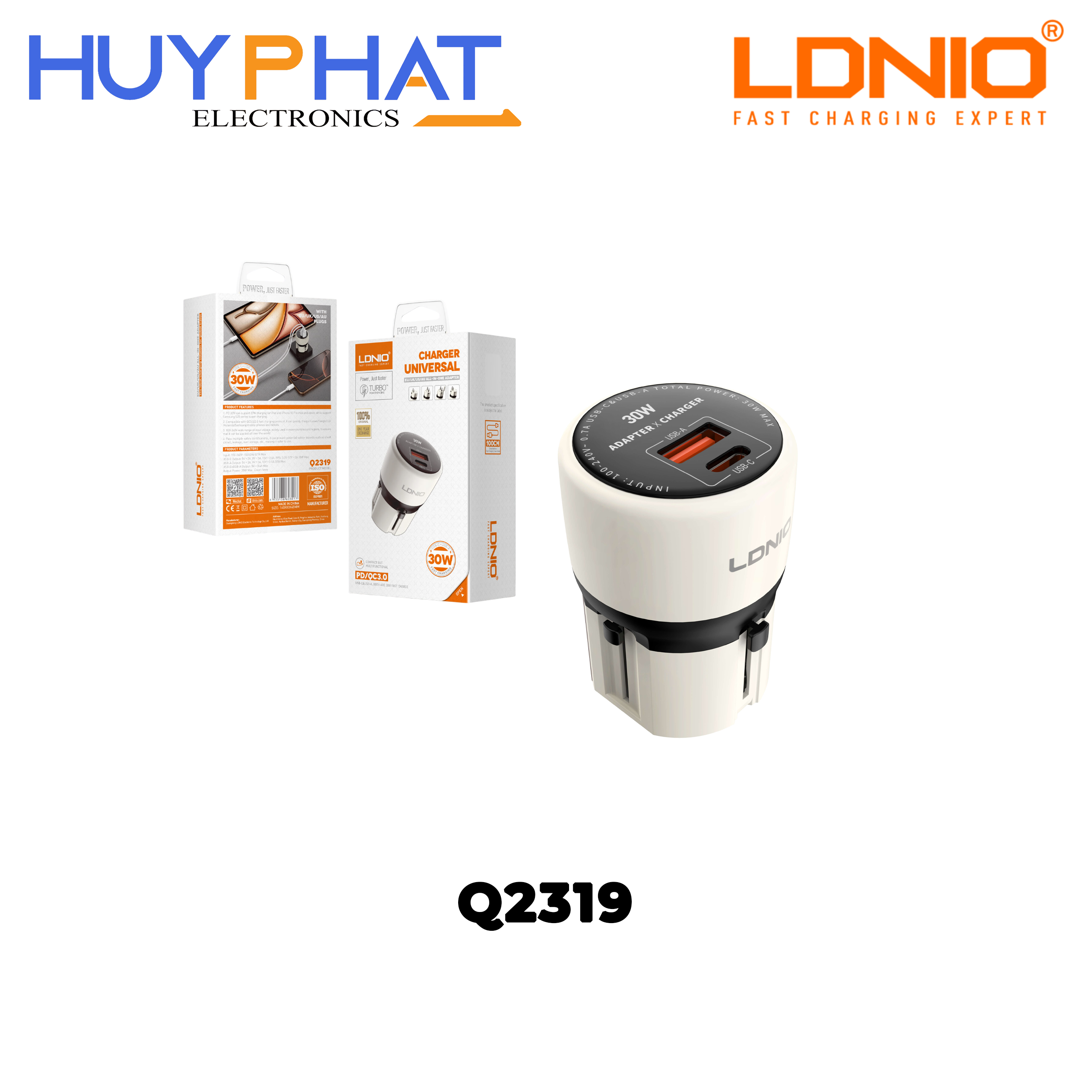 Cục sạc 30W USB/Type-C kèm cáp Type-C màu sữa LDNIO Q2319