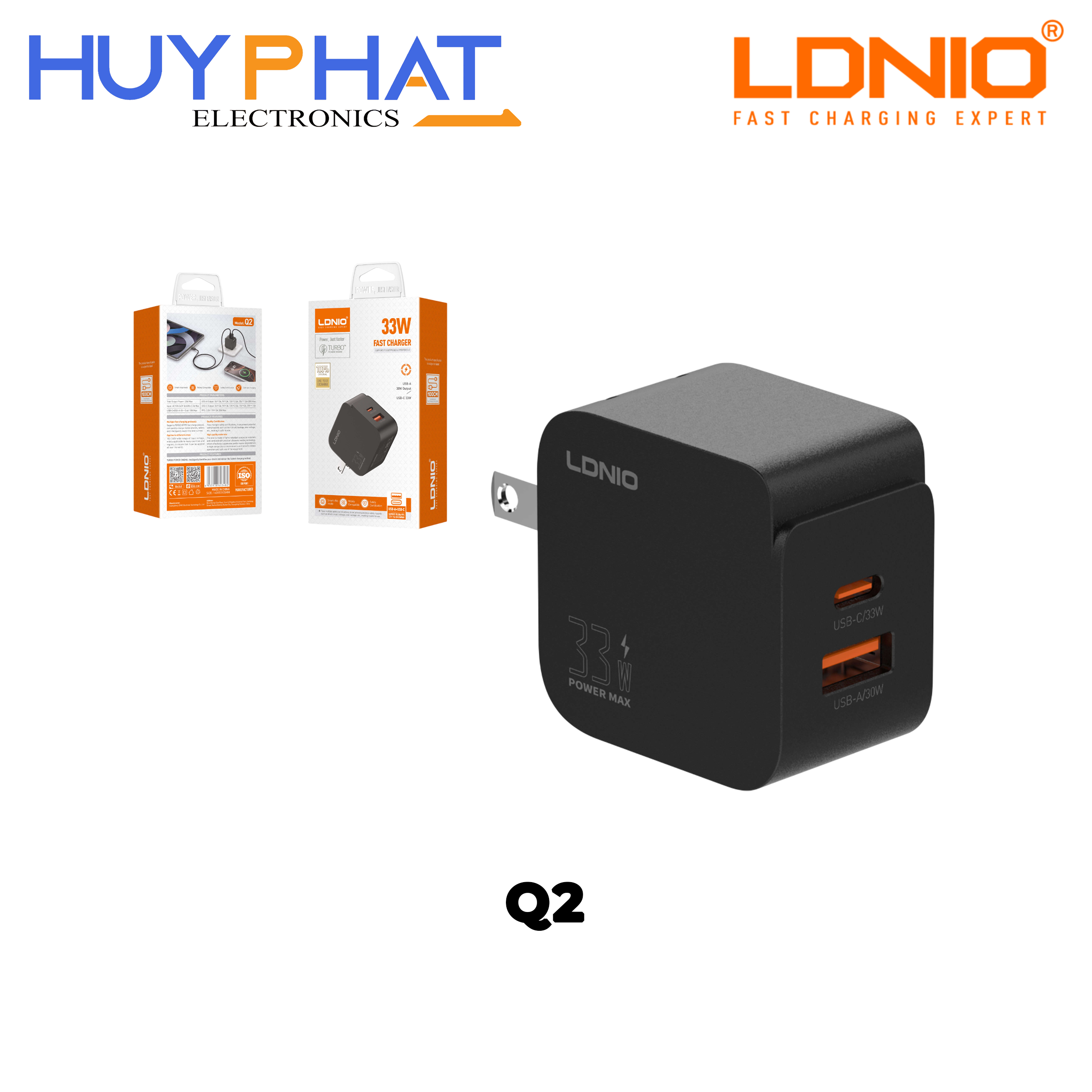 Cục sạc 33W USB/Type-C kèm cáp Type-C màu đen LDNIO Q2