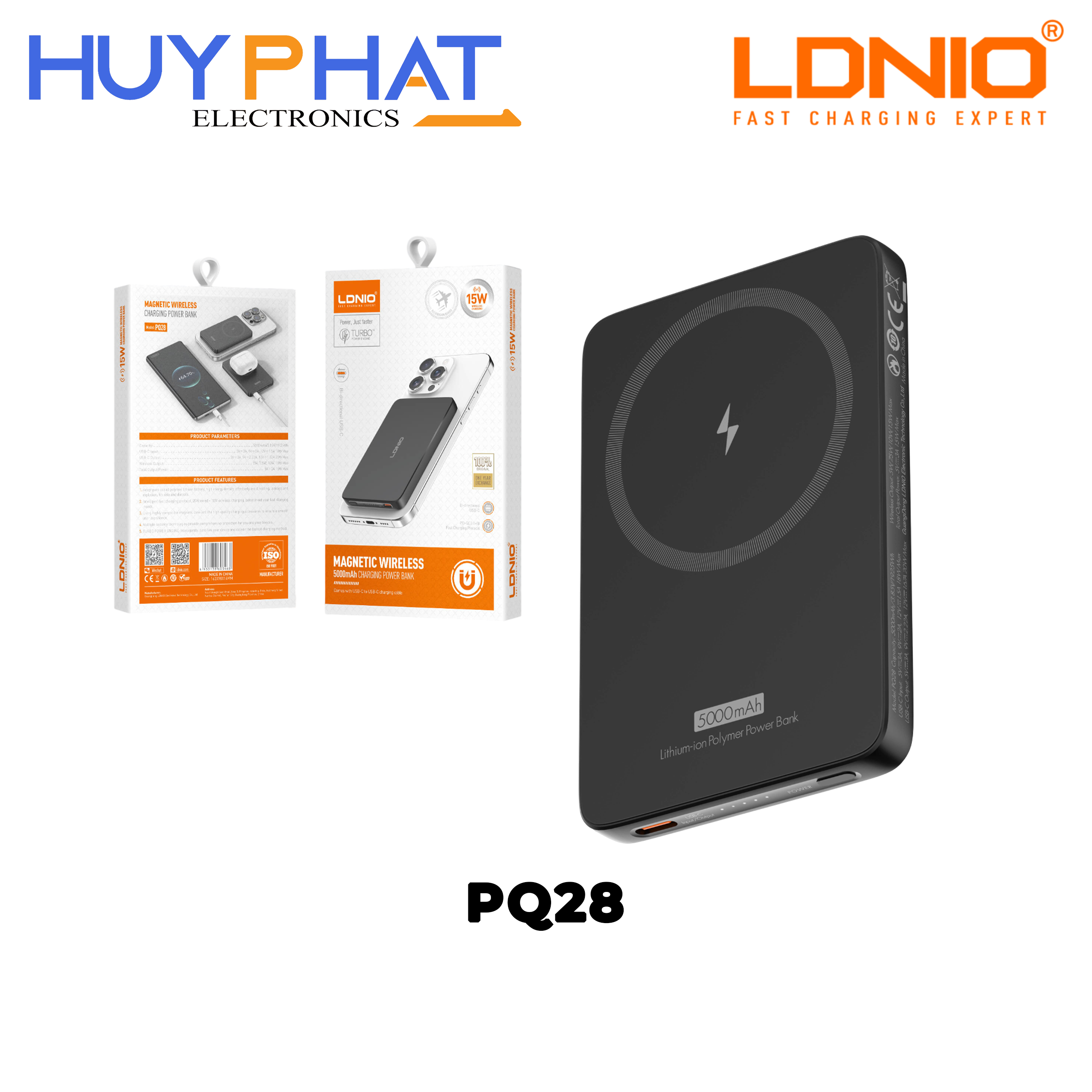 Sạc dự phòng không dây 5000mAh 15W Type-C màu đen LDNIO PQ28