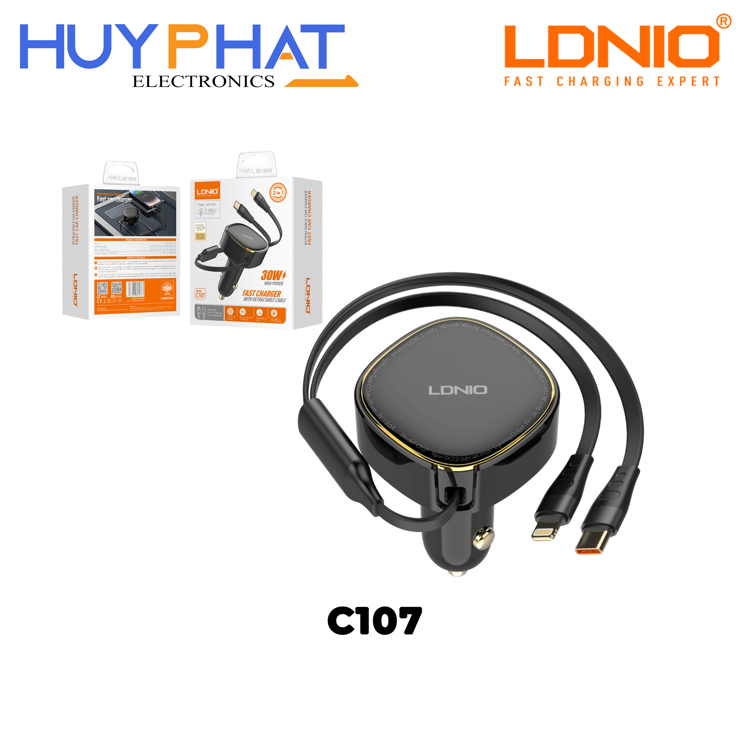 Cục sạc xe hơi 30W Type-C + Lightning màu đen LDNIO C107
