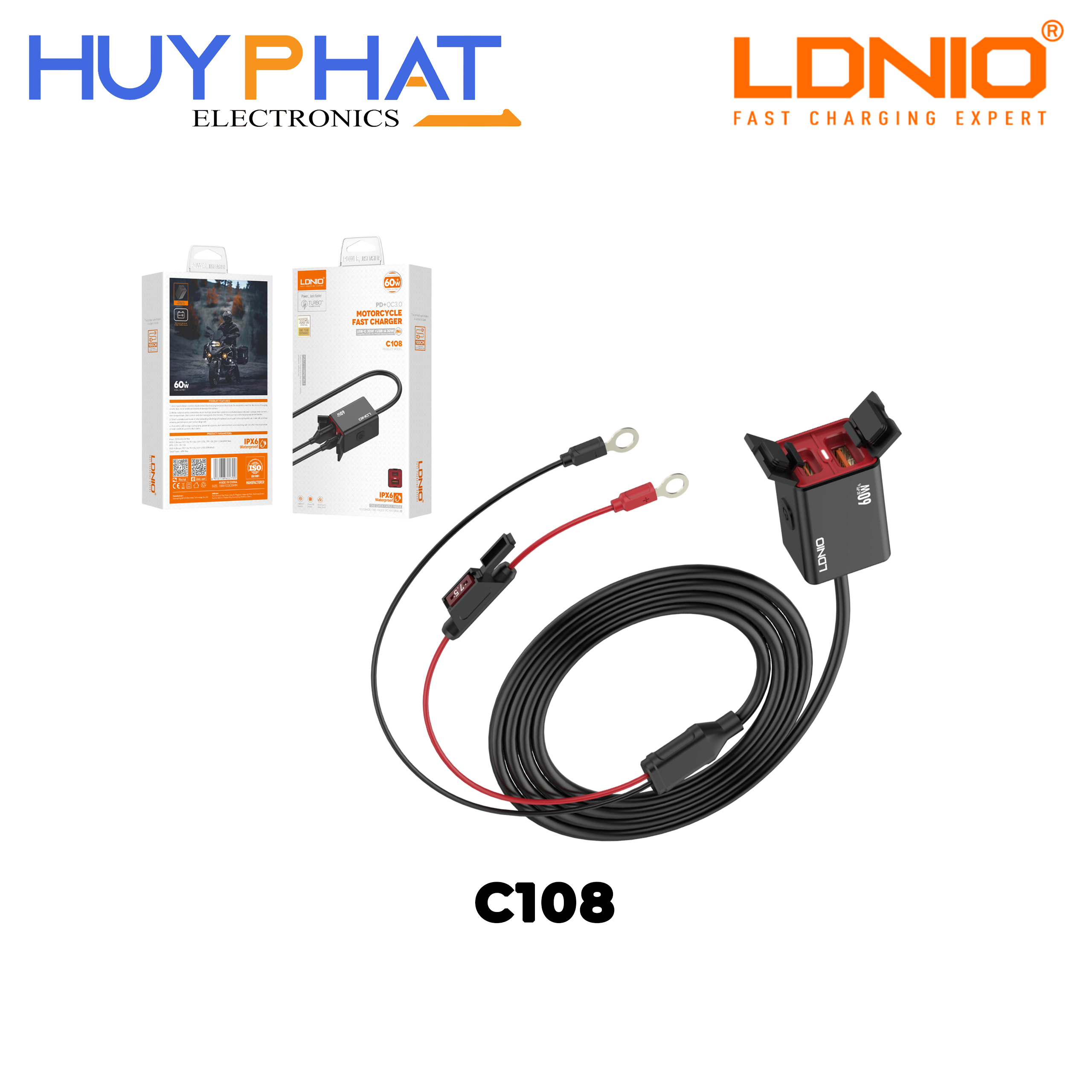 Sạc xe máy USB/Type-C 60W màu đen LDNIO C108