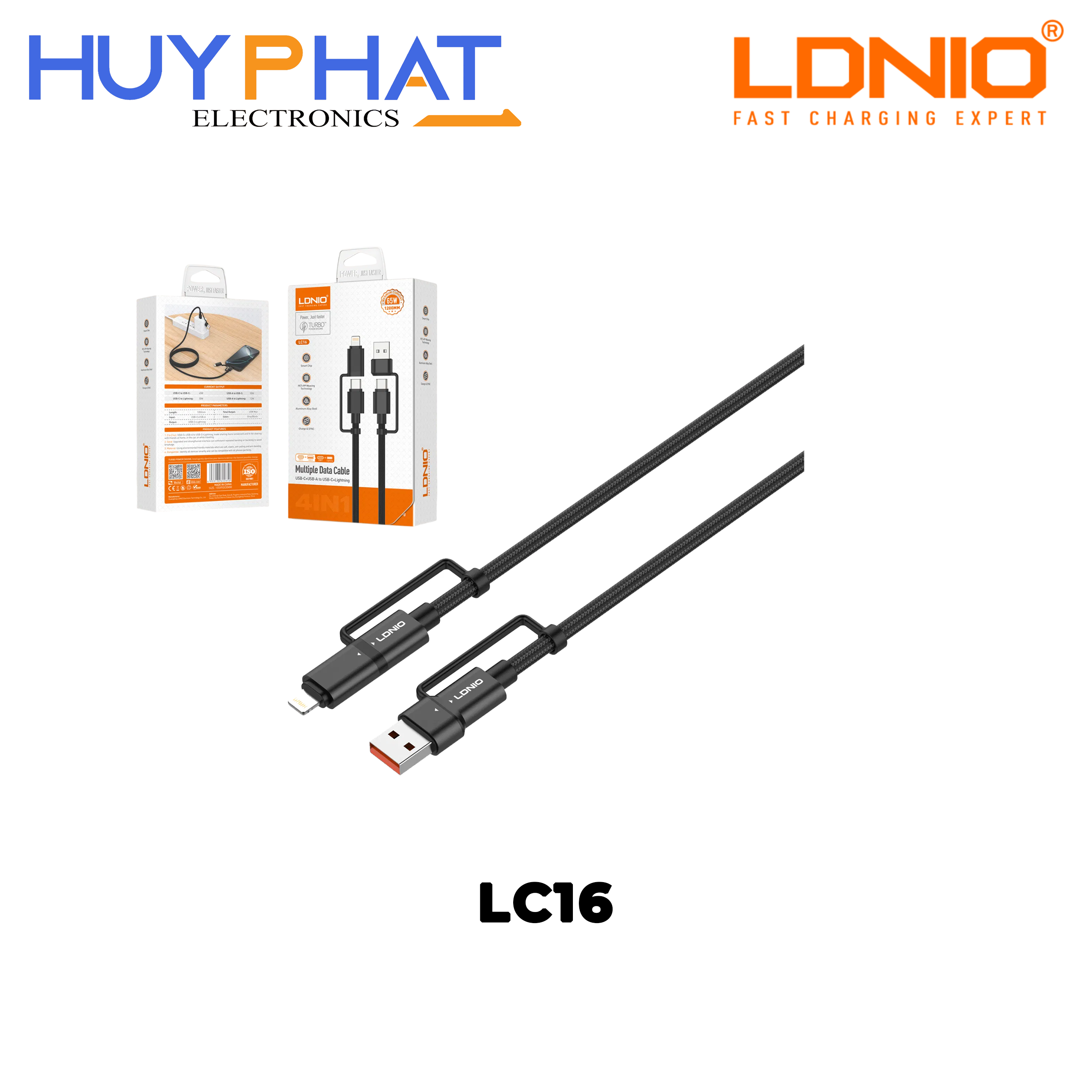 Cáp USB2.0/Type-C -> TypeC/Lightning dài 1.2m màu đen LDNIO LC16