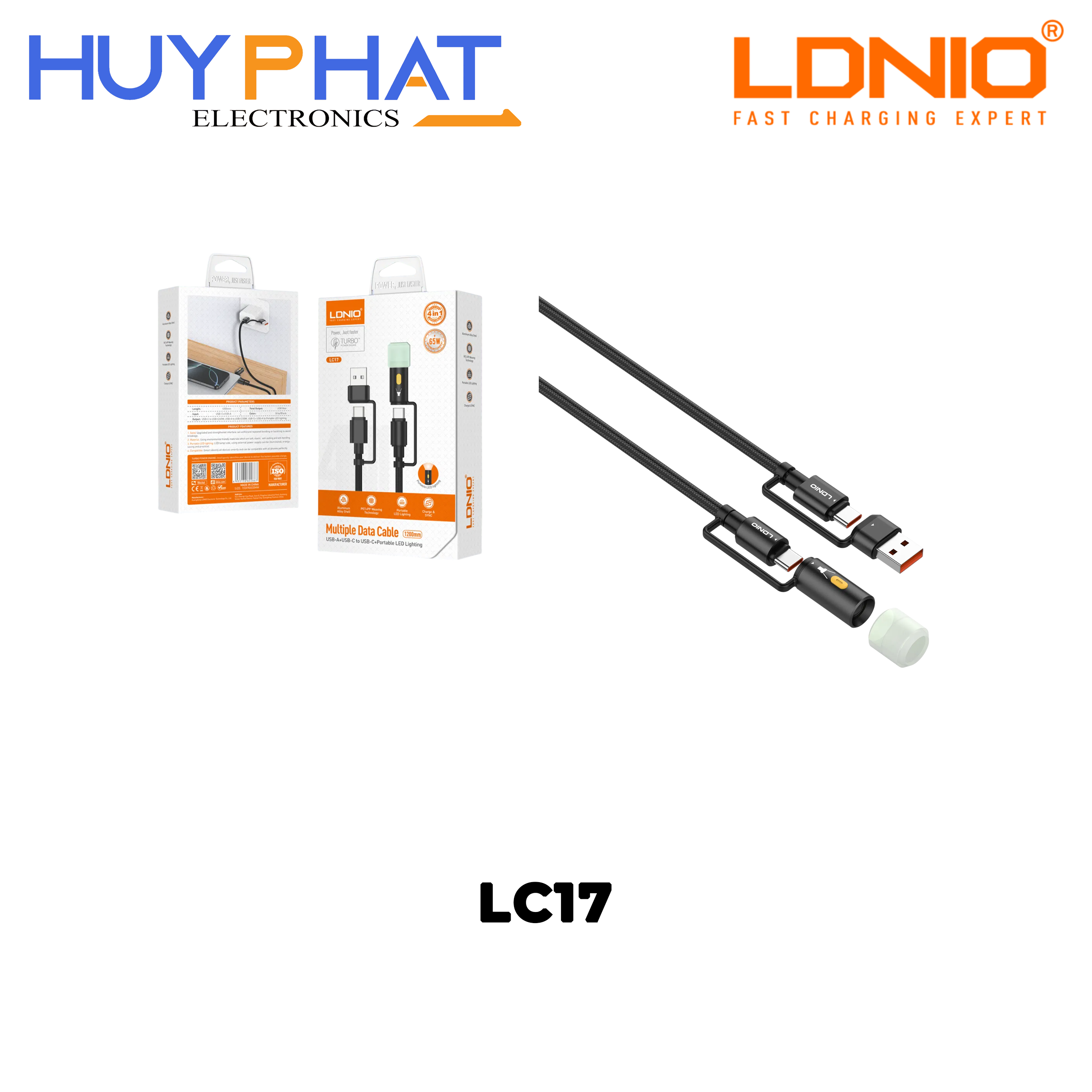 Cáp USB2.0/Type-C -> TypeC/Đèn pin dài 1.2m màu đen LDNIO LC17