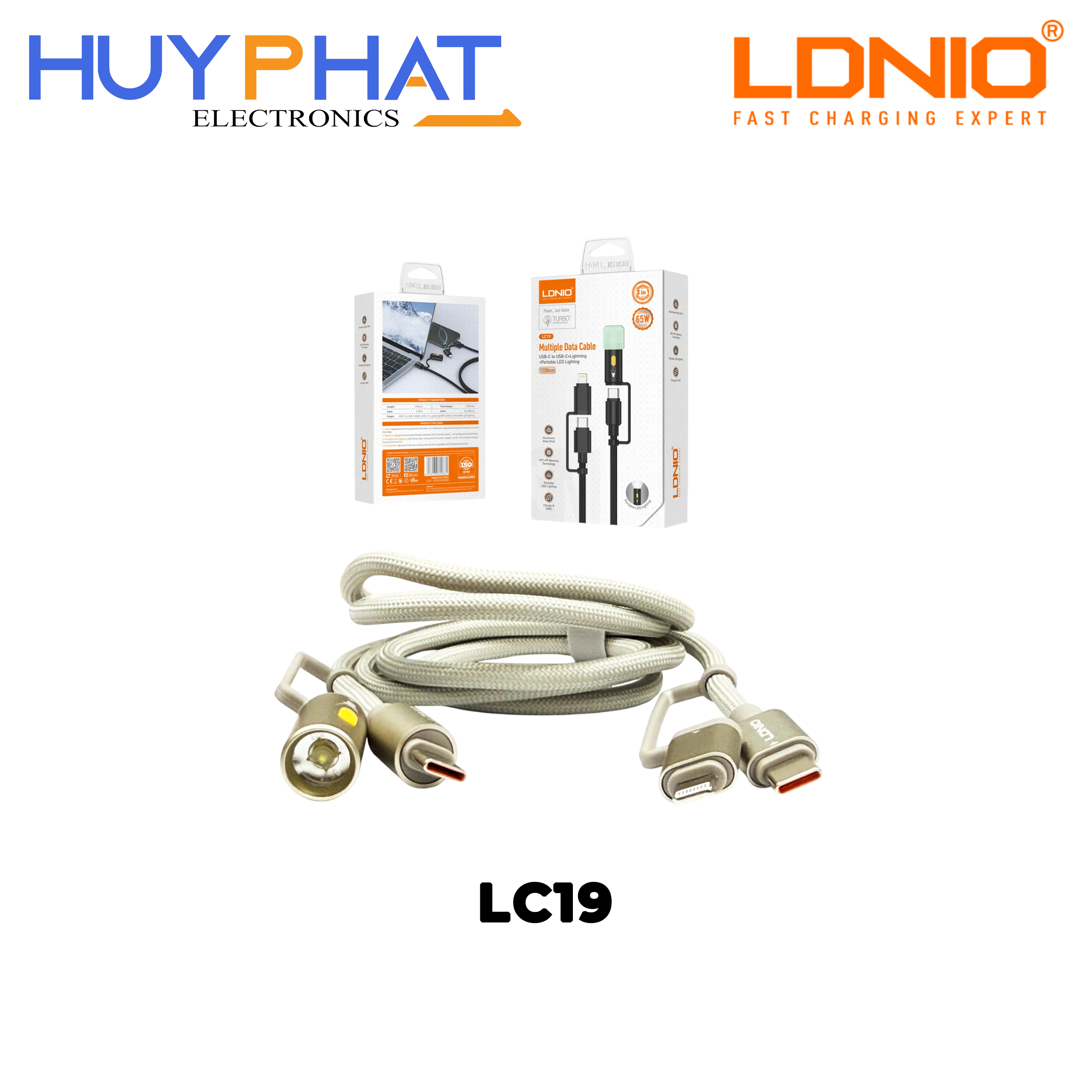 Cáp USB2.0/Type-C -> TypeC/Đèn pin dài 1.2m màu xám LDNIO LC19