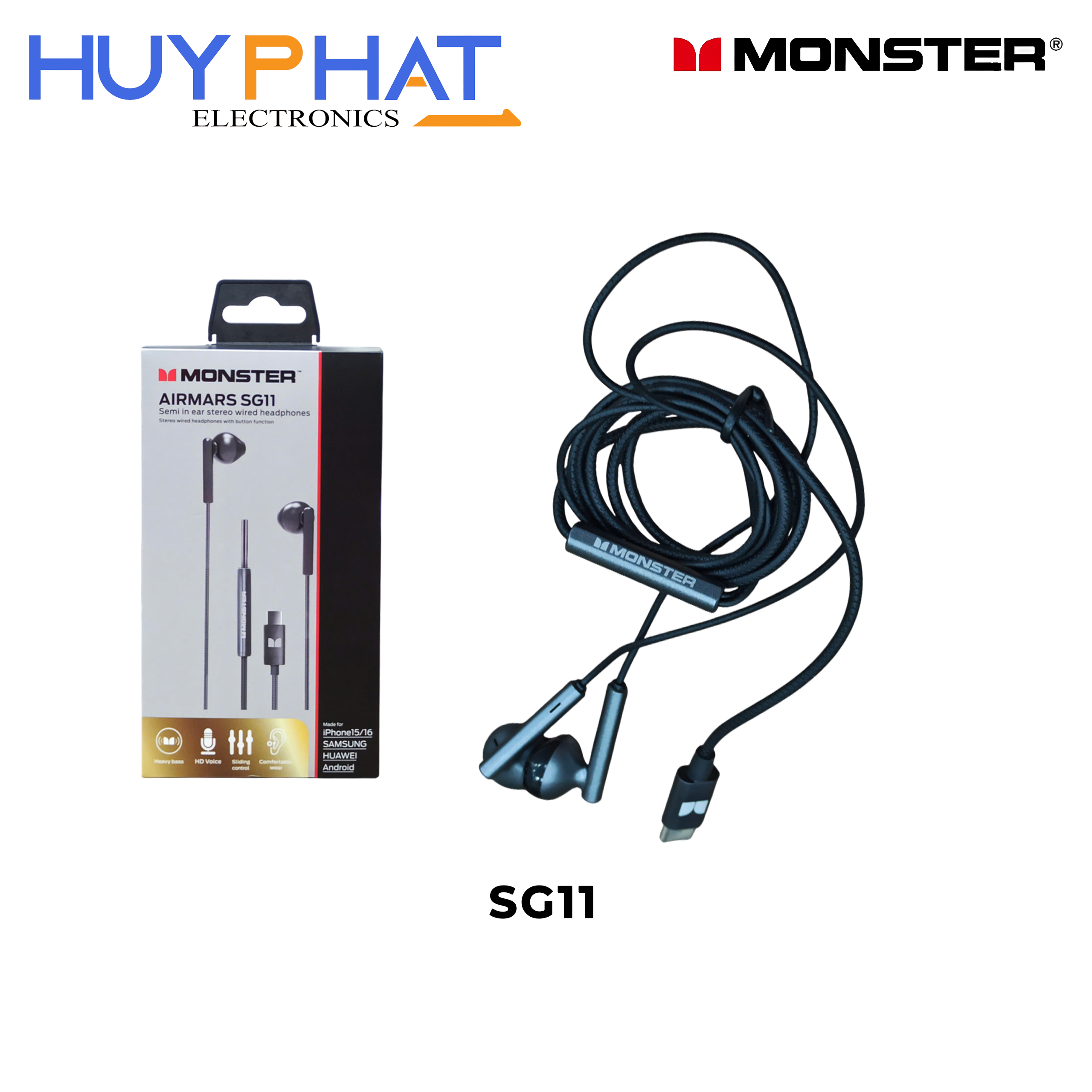 Tai nghe có dây Type-C dài 1.2m MONSTER SG11 màu đen