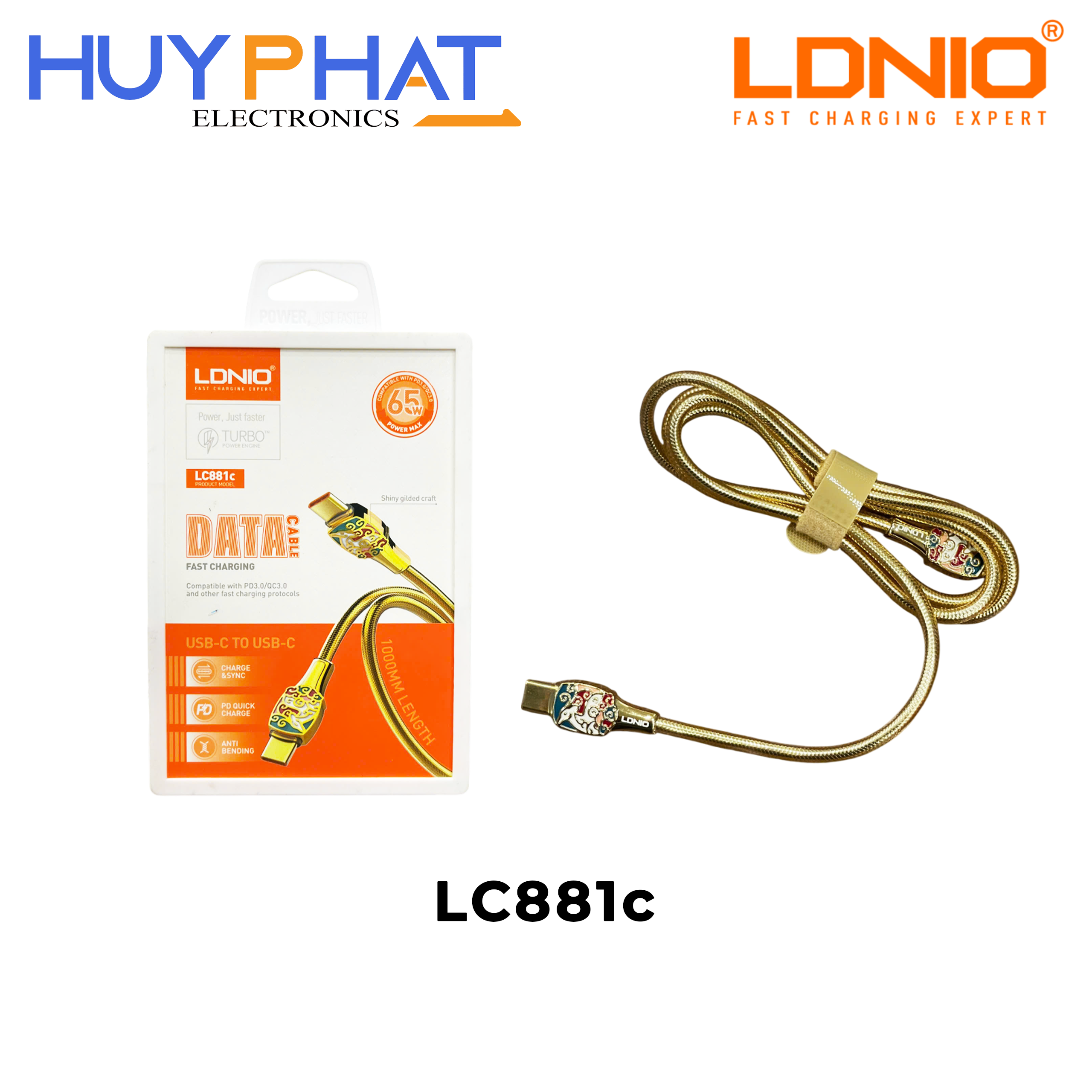 Cáp Type-C 65W màu vàng dài 1M LDNIO LC881c