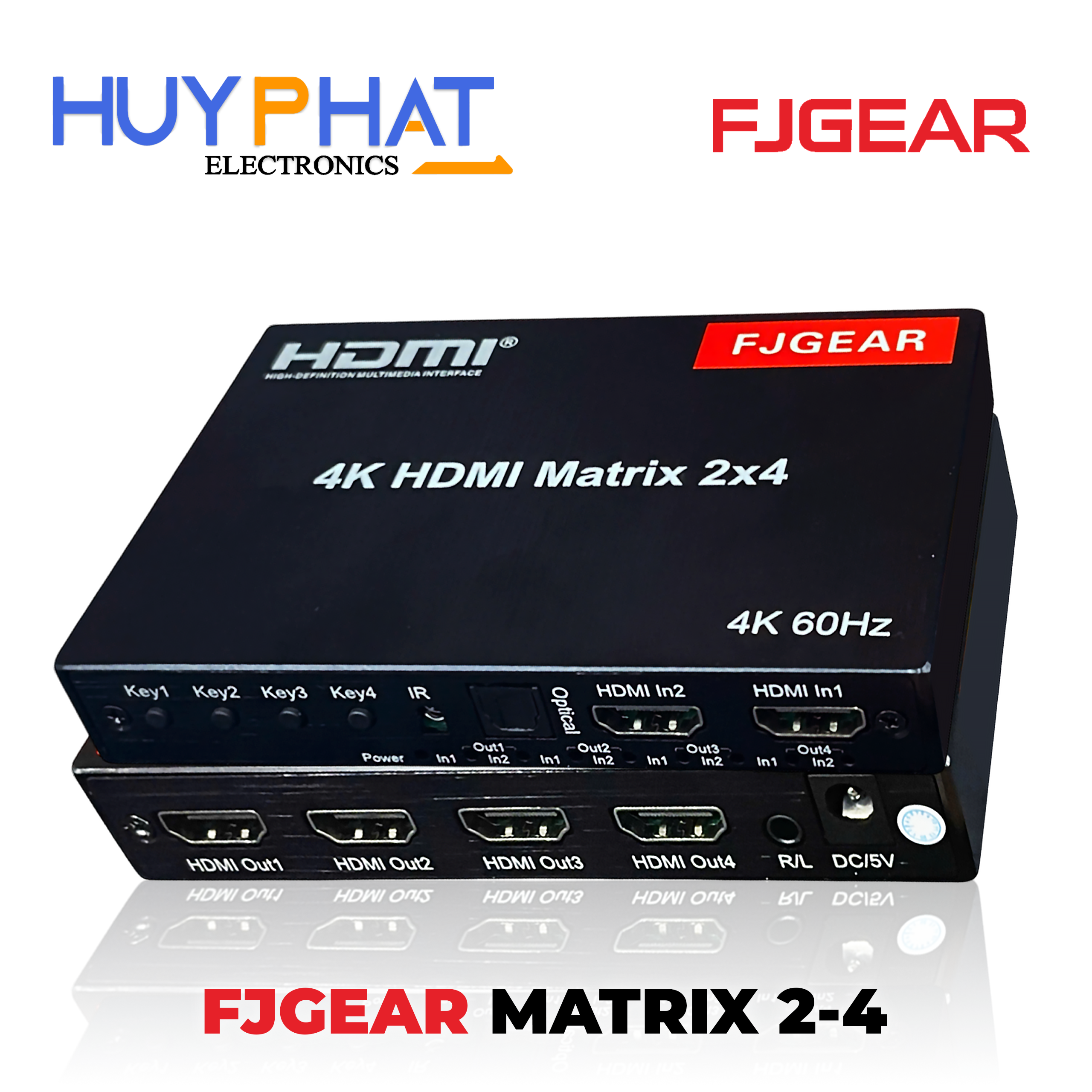 Bộ chuyển đổi HDMI matrix 2-4 4K@60Hz Optical+Audio+Remote+Nguồn FJGEAR