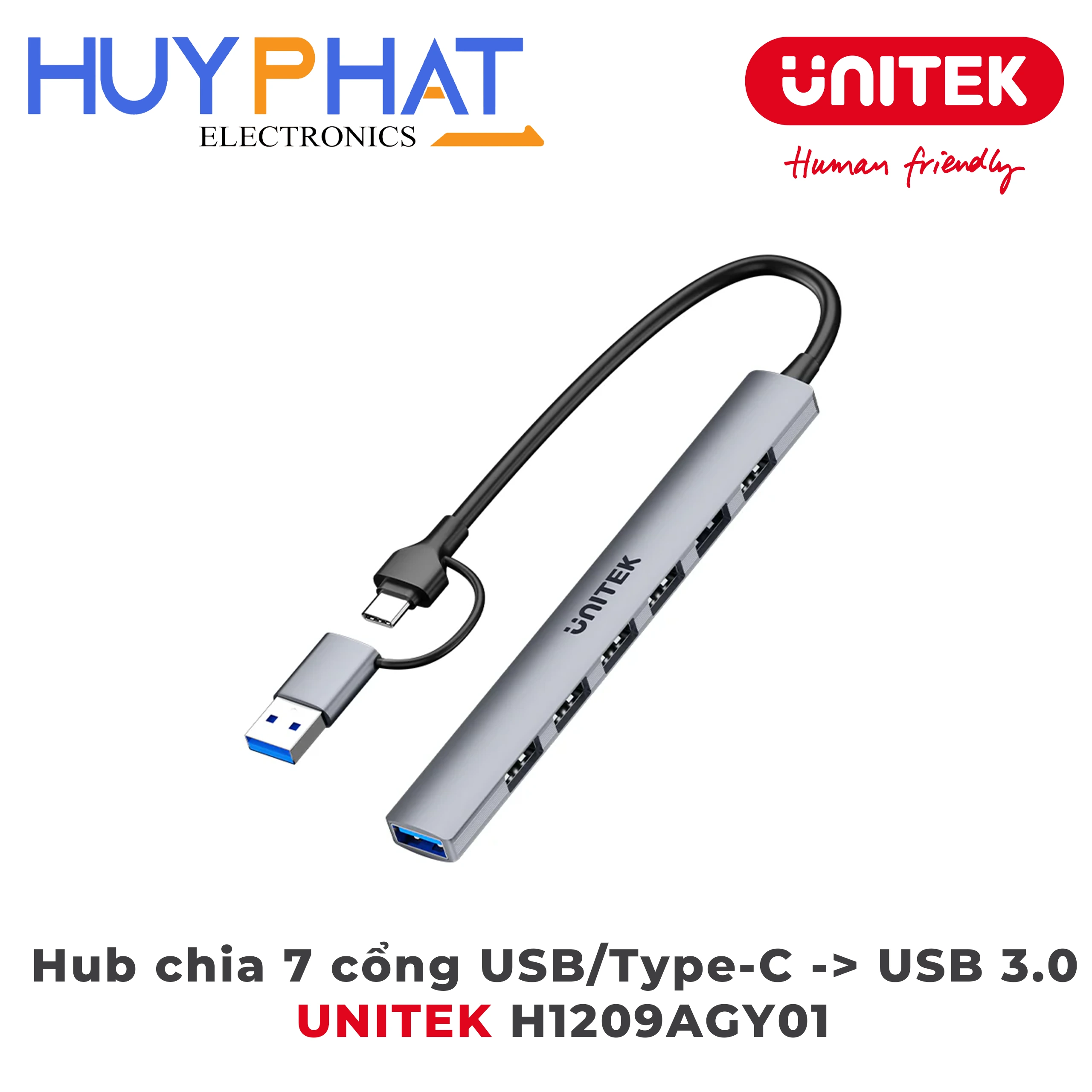 Hub chia USB/Type-C -> 6 cổng USB 2.0 và 1 cổng USB 3.0 UNITEK H1209AGY01