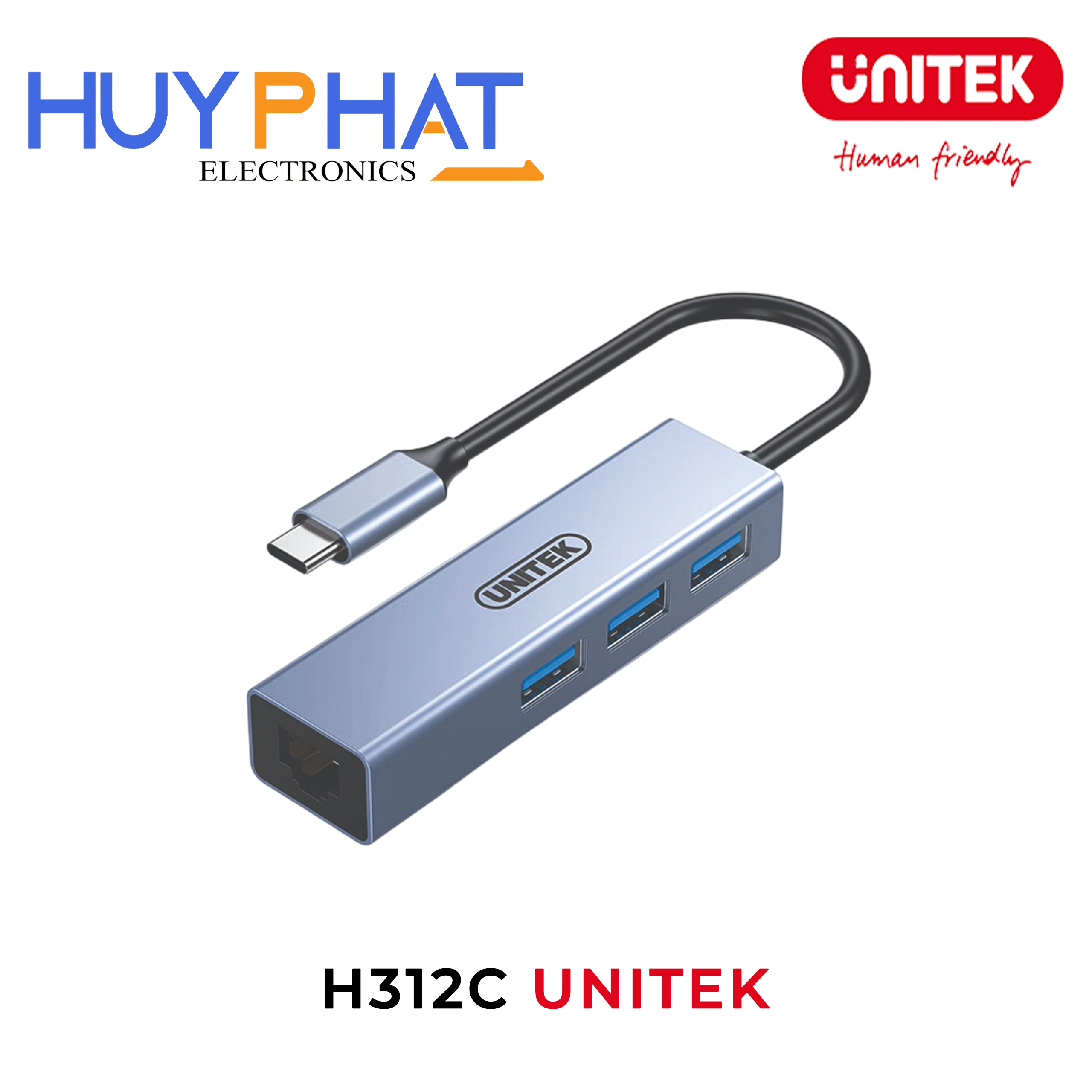 Hub chia 2 trong 1 Type-C -> USB + LAN UNITEK H312C
