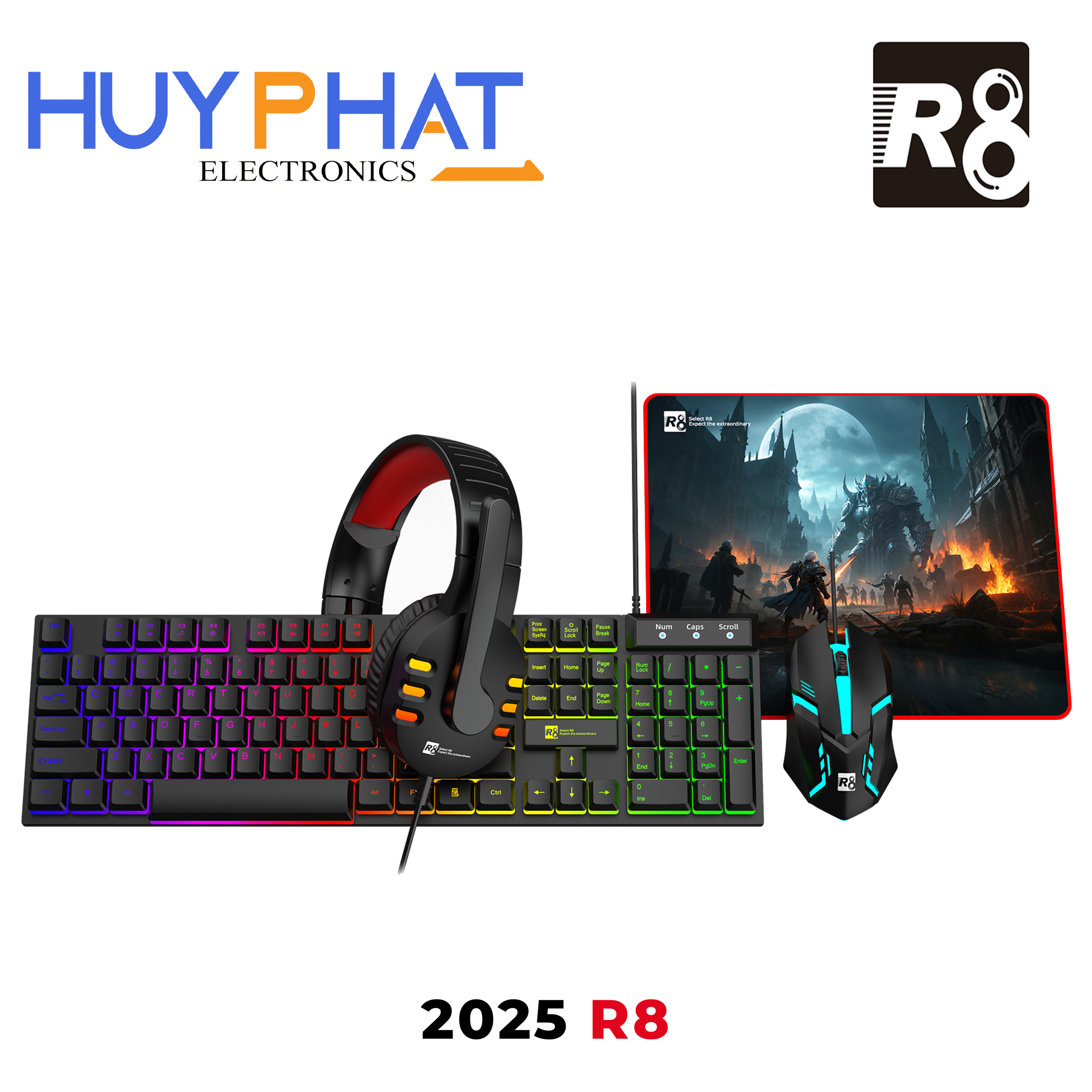 Bộ bàn phím + chuột + Mousepad + Tai nghe R8 2025