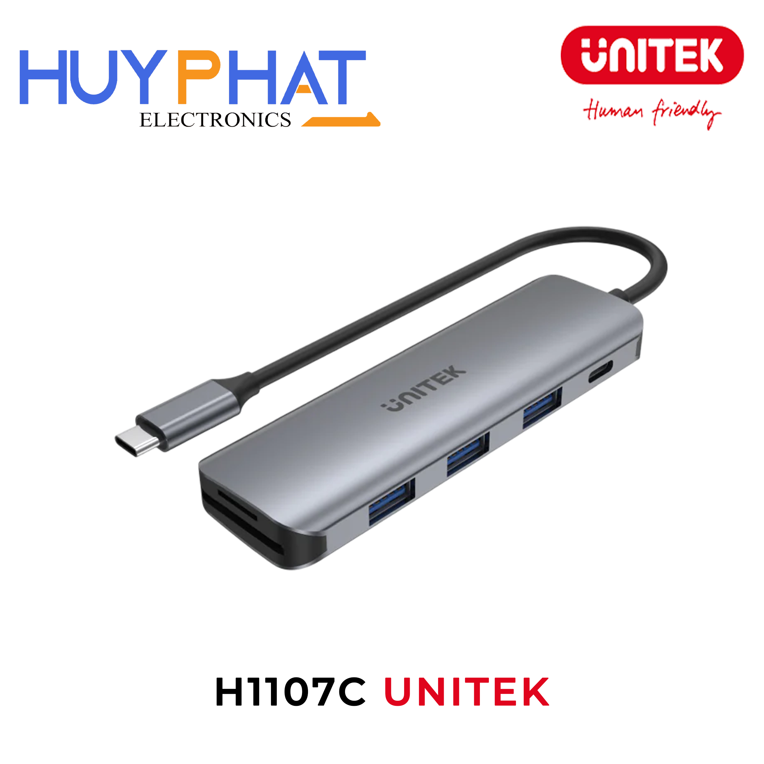 Hub chia 3 trong 1 Type-C -> USB3.0 + TF/SD + PD 100W UNITEK H1107C