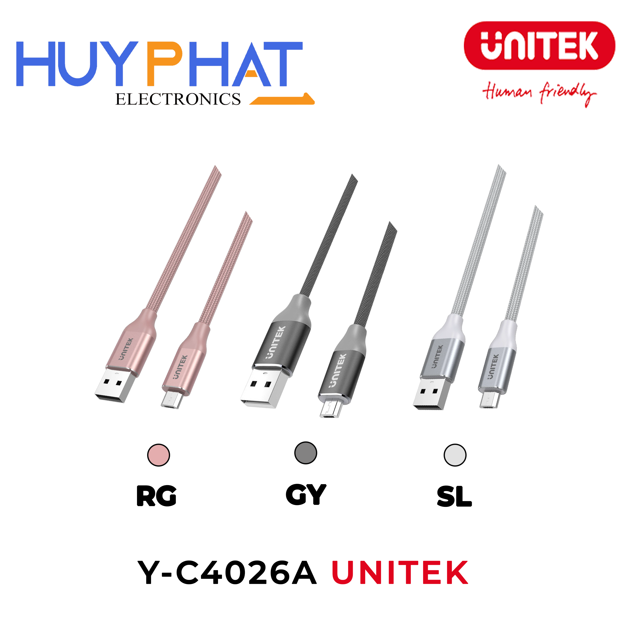 Cáp USB 2.0 -> Micro USB dài 1M 3 màu UNITEK Y-C4026A