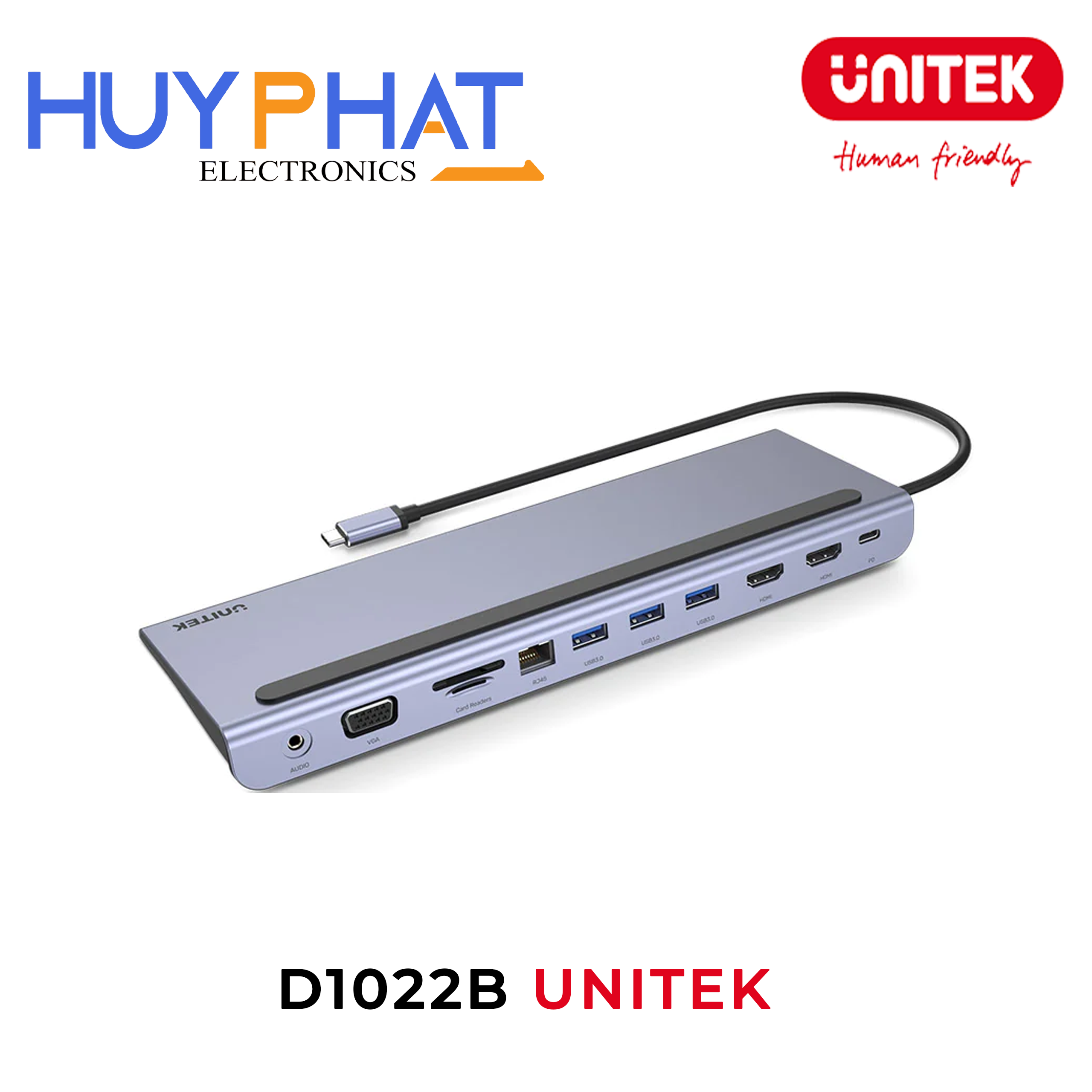 Bộ chuyển đổi 9 cổng Type-C -> USB-A + CardReader + 3.5mm + HDMI 4K@30Hz + VGA + LAN + PD 100W UNITEK D1022B